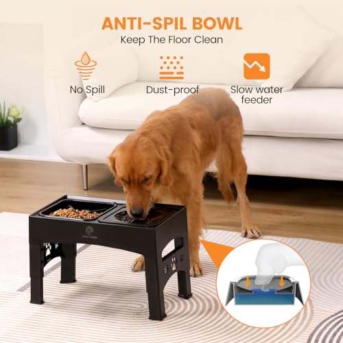 HAPPY HACHI Raised Dog Bowl,2-in-1 Elevated Dog Bowls Slow Feeder,4 Height Adjustable With Slow Feeder Dog Bowl