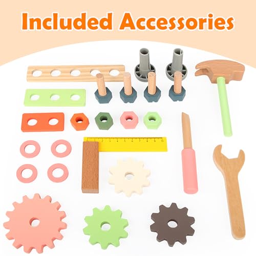 FAYDUDU Kids Tool Box Wooden Kids Tool Set Boys Girls Toys Age 2 3 4, Montessori Wooden Tool Toys Birthday for 2+ Year Old Boy Girl, Role Play Educational Construction Toddler Toys (Small)