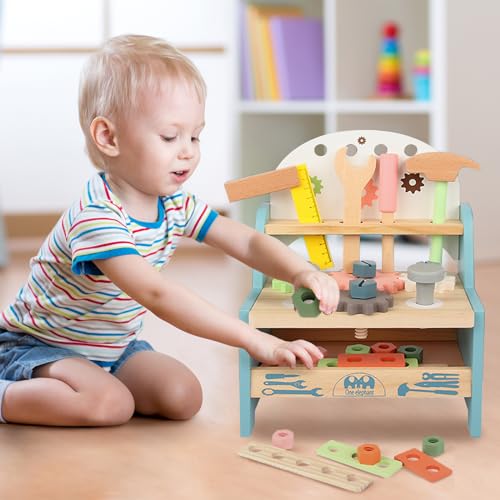 FAYDUDU Kids Tool Box Wooden Kids Tool Set Boys Girls Toys Age 2 3 4, Montessori Wooden Tool Toys Birthday for 2+ Year Old Boy Girl, Role Play Educational Construction Toddler Toys (Small)