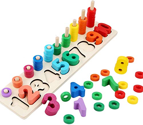 Early Educational Counting Toys - Felly Montessori Wood Blocks Puzzle Math Sorting Stacking Number Board Fishing Pole Game Play Set Learning for 3 4 5 6 years Olds Toddler Kids