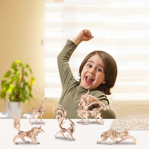 Woodcraft Construction Kits, 5 Pieces 3D Wooden Animal Puzzle DIY Animal Model