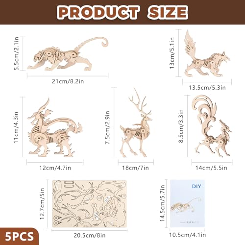 Woodcraft Construction Kits, 5 Pieces 3D Wooden Animal Puzzle DIY Animal Model
