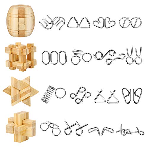 Yideng Brain Teasers Metal Puzzle & Wooden Puzzle Set IQ Test Mind Game Toys 3D Metal Wire Puzzles Magic Trick Educational Intelligence Puzzles Toy Jigsaw Puzzle for Kids Students Adults (20pcs)