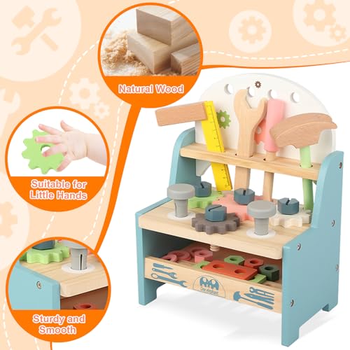 FAYDUDU Kids Tool Box Wooden Kids Tool Set Boys Girls Toys Age 2 3 4, Montessori Wooden Tool Toys Birthday for 2+ Year Old Boy Girl, Role Play Educational Construction Toddler Toys (Small)