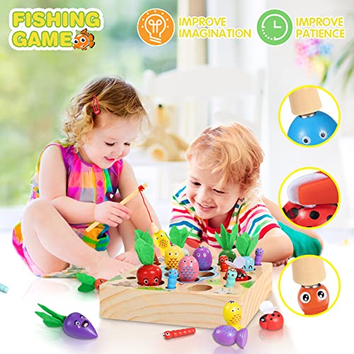 COOLJOY Wooden Fishing Game Toy | 4 In 1 Magnetic Montessori Toys for 2 Year Olds | Carrots Harvest Toy Shape Sorter | Toddler Educational Gift for 2 3 4 Year Olds Girls Boys
