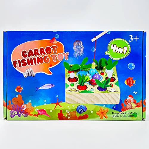 COOLJOY Wooden Fishing Game Toy | 4 In 1 Magnetic Montessori Toys for 2 Year Olds | Carrots Harvest Toy Shape Sorter | Toddler Educational Gift for 2 3 4 Year Olds Girls Boys