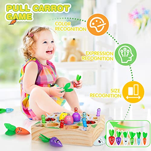 COOLJOY Wooden Fishing Game Toy | 4 In 1 Magnetic Montessori Toys for 2 Year Olds | Carrots Harvest Toy Shape Sorter | Toddler Educational Gift for 2 3 4 Year Olds Girls Boys