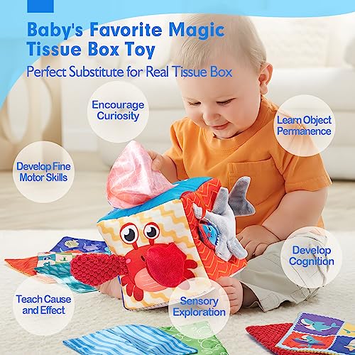 hahaland Baby Tissue Box Toy - Baby Toys 0-6 Months+ Montessori Toys for 6 Month Old with Textured Tails, Cloth Tissues