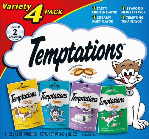 TEMPTATIONS Classic Crunchy and Soft Cat Treats Feline Favorite Variety Pack, 3 oz. Pouches,4 Count
