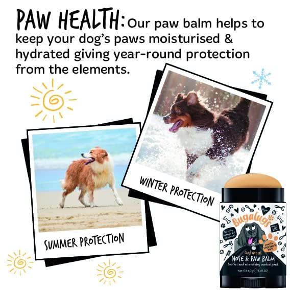 BUGALUGS Dog nose balm, Natural lick safe Paw balm for dogs contains Colloidal Oatmeal, Dog paw cream Vegan formula nose balm for dogs reduces skin irritation and redness. (40g Stick)