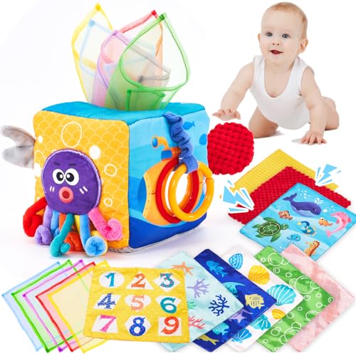 hahaland Baby Tissue Box Toy - Baby Toys 0-6 Months+ Montessori Toys for 6 Month Old with Textured Tails, Cloth Tissues