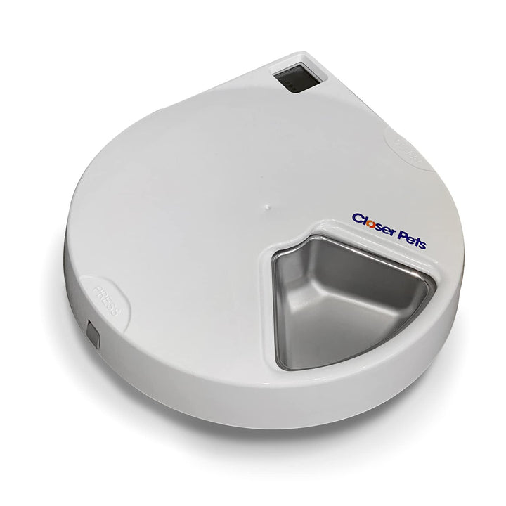 Closer Pets Automatic Pet Feeder | Cat or Small Dog Bowl with Digital Timer | For Wet or Dry Pet Food, up to 330g in Each (formerly Cat Mate) (5 Meal Feeder Stainless Steel Bowl)