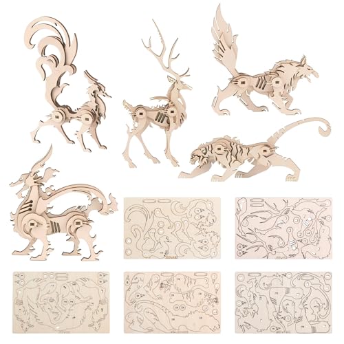 Woodcraft Construction Kits, 5 Pieces 3D Wooden Animal Puzzle DIY Animal Model