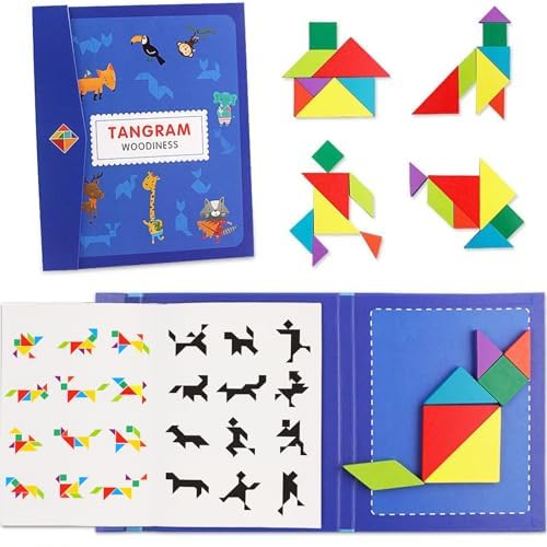 Wooden Magnetic Tangram Puzzle Games Travel Games for Kids Ages 3-8 Brain Teaser Puzzles Kids Travel Activity Gift for Boys Girls