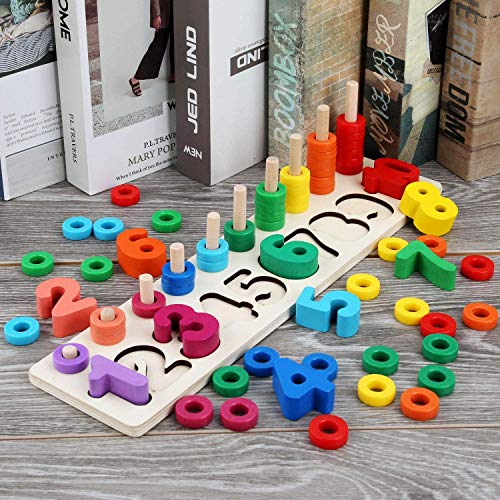 Early Educational Counting Toys - Felly Montessori Wood Blocks Puzzle Math Sorting Stacking Number Board Fishing Pole Game Play Set Learning for 3 4 5 6 years Olds Toddler Kids
