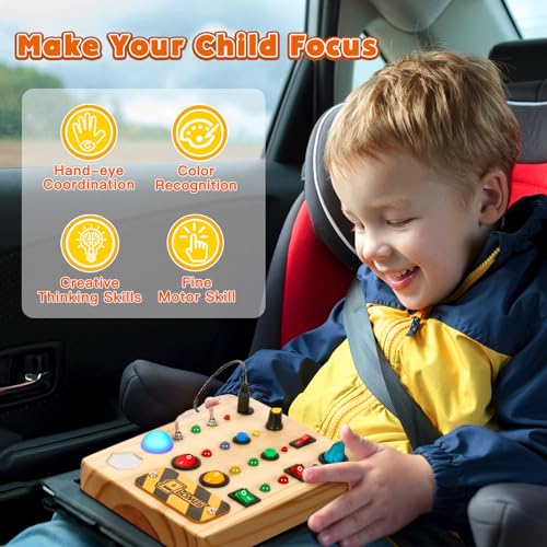 LED Busy Board, Wooden Sensory Toys for Toddler, Montessori Music Toy for Airplane, Travel Activity Educational Learning Toy