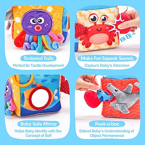 hahaland Baby Tissue Box Toy - Baby Toys 0-6 Months+ Montessori Toys for 6 Month Old with Textured Tails, Cloth Tissues