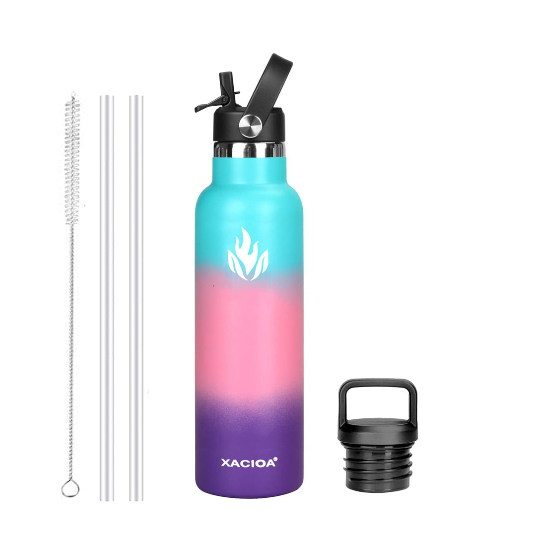 XACIOA Water Bottle Stainless Steel with Straw -for Hot/Cold Drinks 500/750/1000ml Vacuum Insulated Flask Leak Proof Drink Bottle,BPA Free - with 2 Replacement Lid and Straw Brush