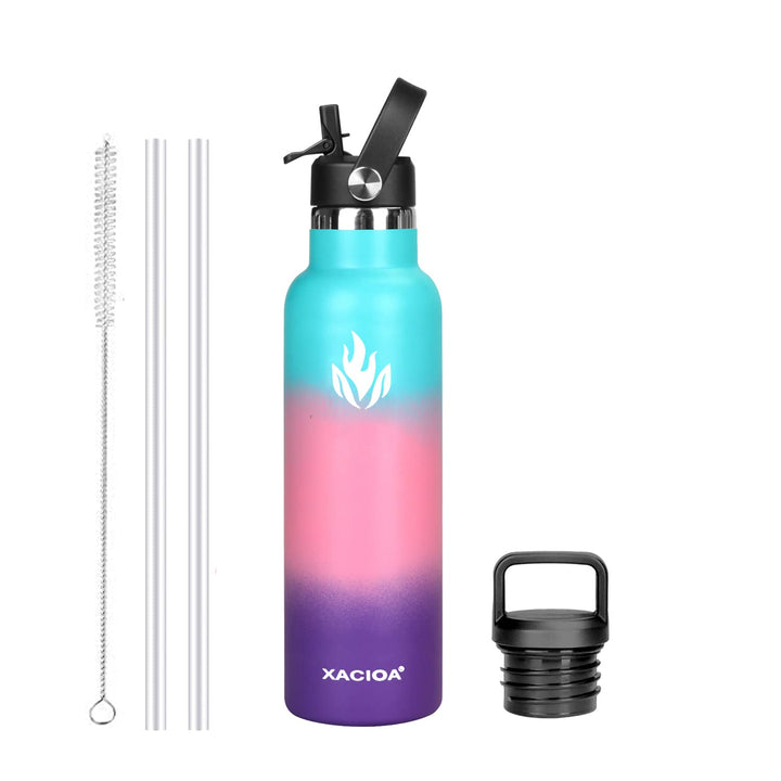 XACIOA Water Bottle Stainless Steel with Straw -for Hot/Cold Drinks 500/750/1000ml Vacuum Insulated Flask Leak Proof Drink Bottle,BPA Free - with 2 Replacement Lid and Straw Brush