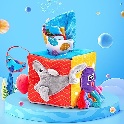 hahaland Baby Tissue Box Toy - Baby Toys 0-6 Months+ Montessori Toys for 6 Month Old with Textured Tails, Cloth Tissues