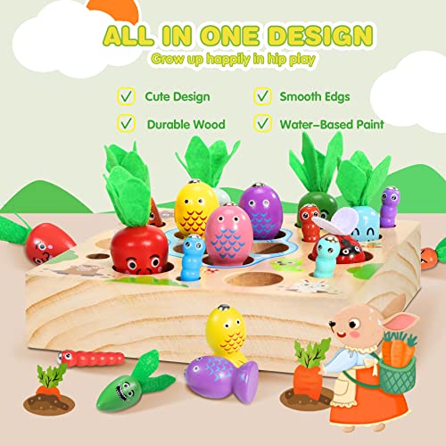 COOLJOY Wooden Fishing Game Toy | 4 In 1 Magnetic Montessori Toys for 2 Year Olds | Carrots Harvest Toy Shape Sorter | Toddler Educational Gift for 2 3 4 Year Olds Girls Boys