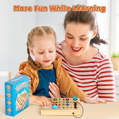 LED Busy Board, Wooden Sensory Toys for Toddler, Montessori Music Toy for Airplane, Travel Activity Educational Learning Toy