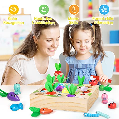 COOLJOY Wooden Fishing Game Toy | 4 In 1 Magnetic Montessori Toys for 2 Year Olds | Carrots Harvest Toy Shape Sorter | Toddler Educational Gift for 2 3 4 Year Olds Girls Boys