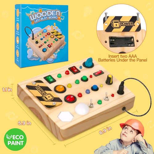LED Busy Board, Wooden Sensory Toys for Toddler, Montessori Music Toy for Airplane, Travel Activity Educational Learning Toy