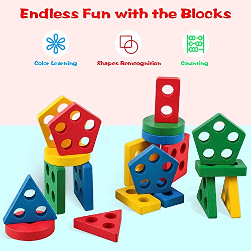 Montessori Toys for 1 2 3 Years Old Boys Wooden Sorting Stacking Toys Age 6 12 Month Shape Color Recognition Stacker