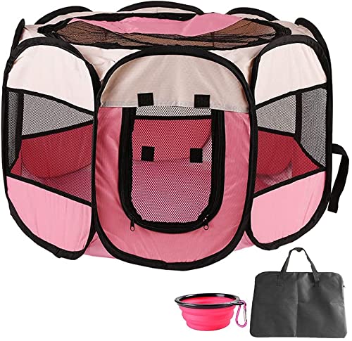 MYKOMI Portable Foldable Pet Playpen + Carrying Bag+Travel Bowl Available Exercise Pet Kennel Indoor/Outdoor Removable Mesh Shade Cover Water Resistant for Dogs/Cats Pink M(35x35x24in)