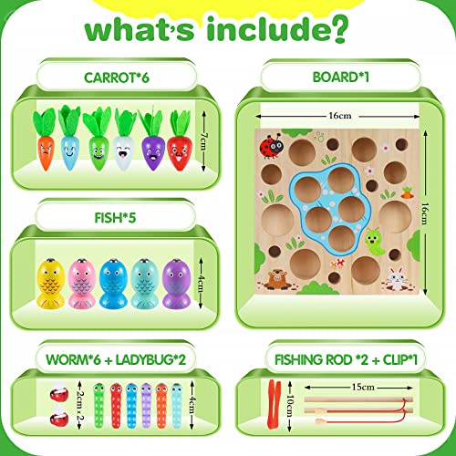 COOLJOY Wooden Fishing Game Toy | 4 In 1 Magnetic Montessori Toys for 2 Year Olds | Carrots Harvest Toy Shape Sorter | Toddler Educational Gift for 2 3 4 Year Olds Girls Boys