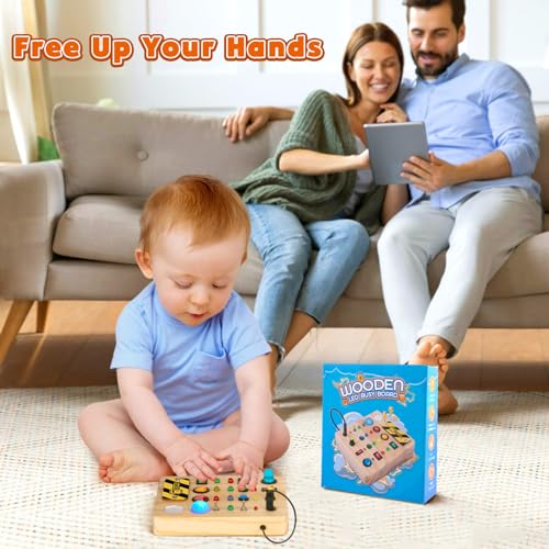 LED Busy Board, Wooden Sensory Toys for Toddler, Montessori Music Toy for Airplane, Travel Activity Educational Learning Toy