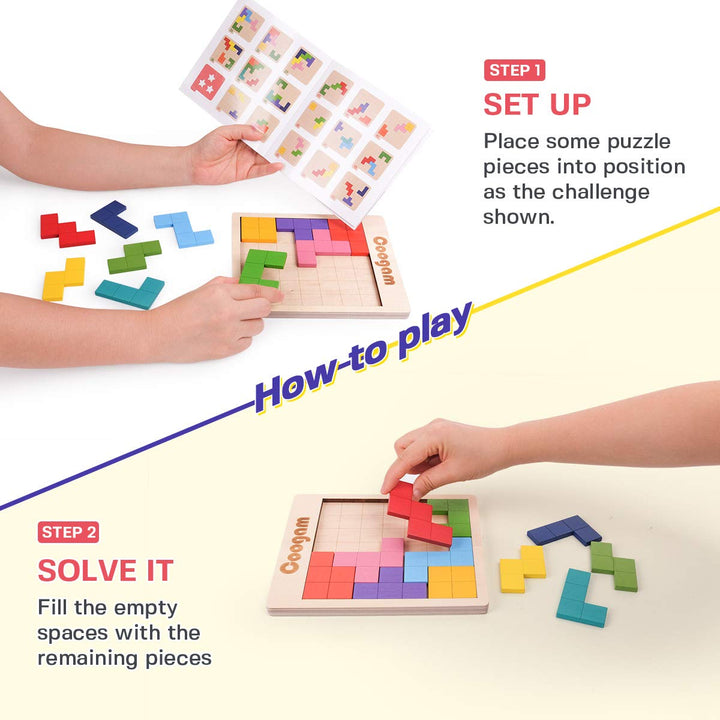 Coogam Wooden Tangram Puzzle Pattern Blocks Brain Teasers Game with 60 Challenges, 3D Russian Building Toy Wood Shape Jigsaw Puzzles Montessori STEM Educational Toys Gift for Kids Adults