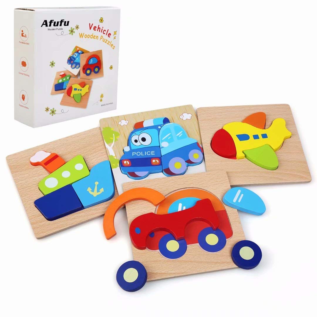 Afufu Wooden Toys - 4 Pack Jigsaw Puzzles for Toddlers 1 2 3 Years Old, Boys & Girls