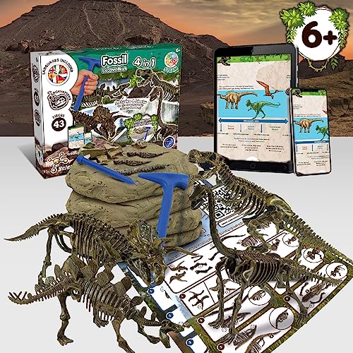 Science4you Dinosaur Fossil Excavation Kit 4 in 1 - Fossil Digging Kit for Kids, Build 4 Dinosaur Fossils, 46 pieces, Archeology Set, Dinosaur Toys, Games, Gifts for Boys and Girls Age 6+