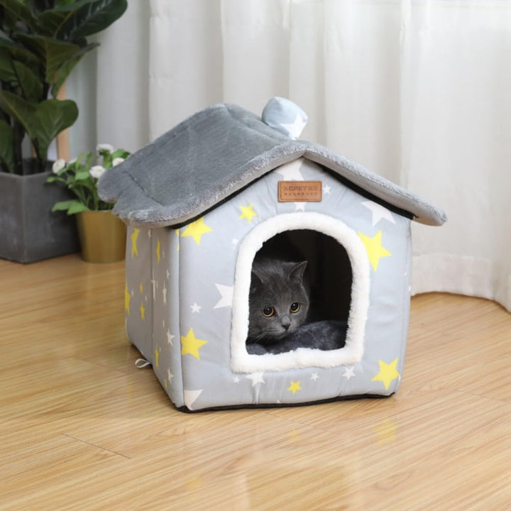 Foldable Dog House Kennel Bed Mat for Indoor Pets,Enclosed Warm Plush Sleeping Nest Bed with Removable Cushion