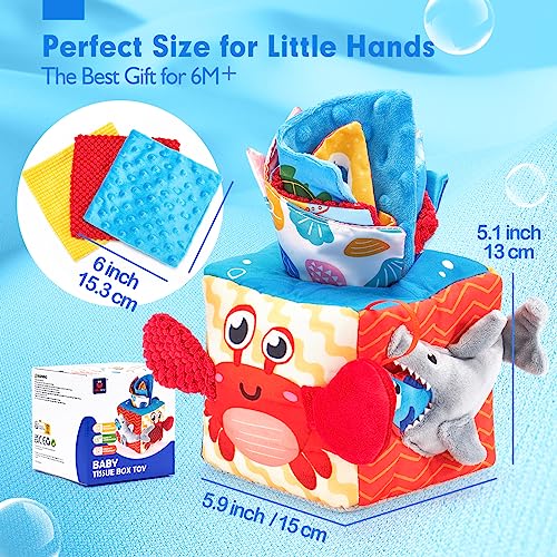 hahaland Baby Tissue Box Toy - Baby Toys 0-6 Months+ Montessori Toys for 6 Month Old with Textured Tails, Cloth Tissues
