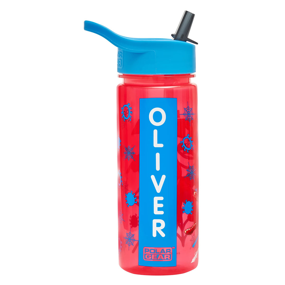 Marvel Spider-Man Personalised Sticker Water Bottle with Straw 500ml – Official Merchandise by Polar Gear Kids Reusable Non Spill BPA Free Tritan – Ideal For School Nursery Sports Picnic , Red & Blue