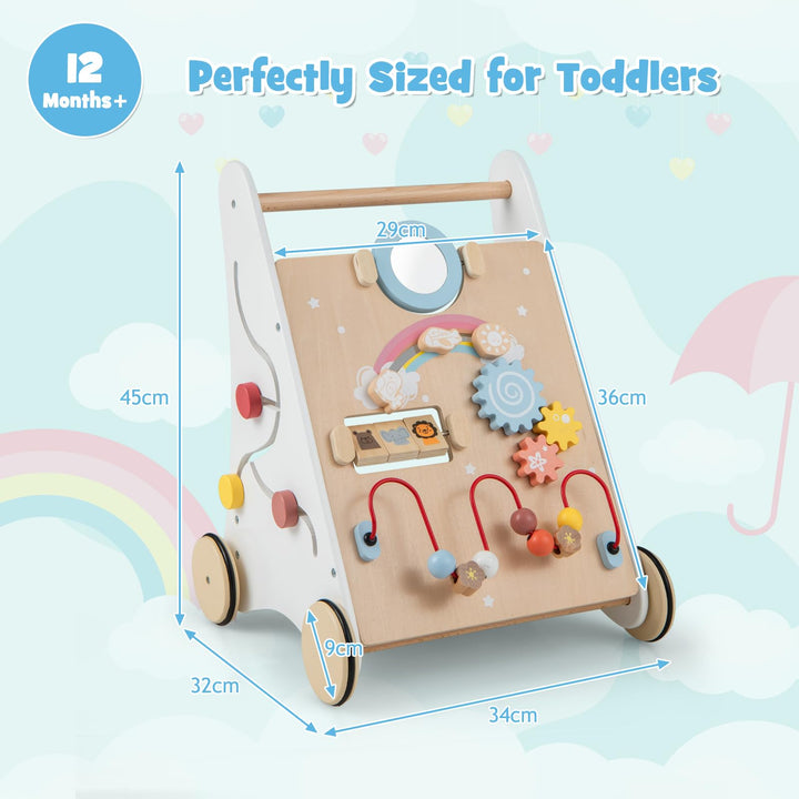 Maxmass 7 in 1 Baby Walker, Wooden Learning Walkers with Wheels, Mirror, Rotary Gears, Maze, Flip Blocks, Shapes Sorter, Tracking & Beads Game, First Steps Toddler Walker for 1 Year Old+