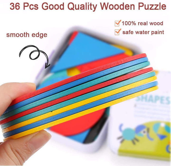 Wooden Jigsaw Puzzle, 36 Pcs Shape Puzzles + 60 Pcs Image Cards Kids Puzzle Set Montessori Educational Toys