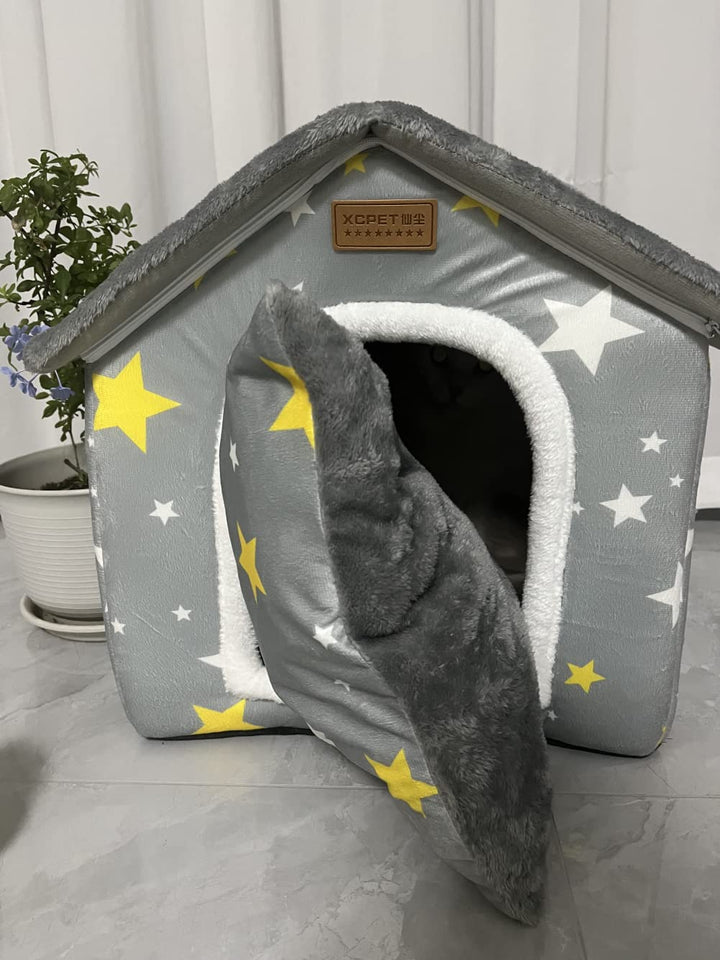 Foldable Dog House Kennel Bed Mat for Indoor Pets,Enclosed Warm Plush Sleeping Nest Bed with Removable Cushion