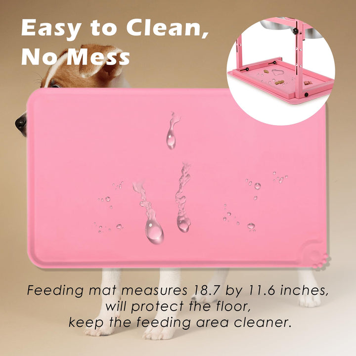 SHAINFUN Pink Raised Dog Bowl Stand with Two 1700ml Stainless Steel Food Bowl, a Slow Dog Feeder and Spill Proof Mat