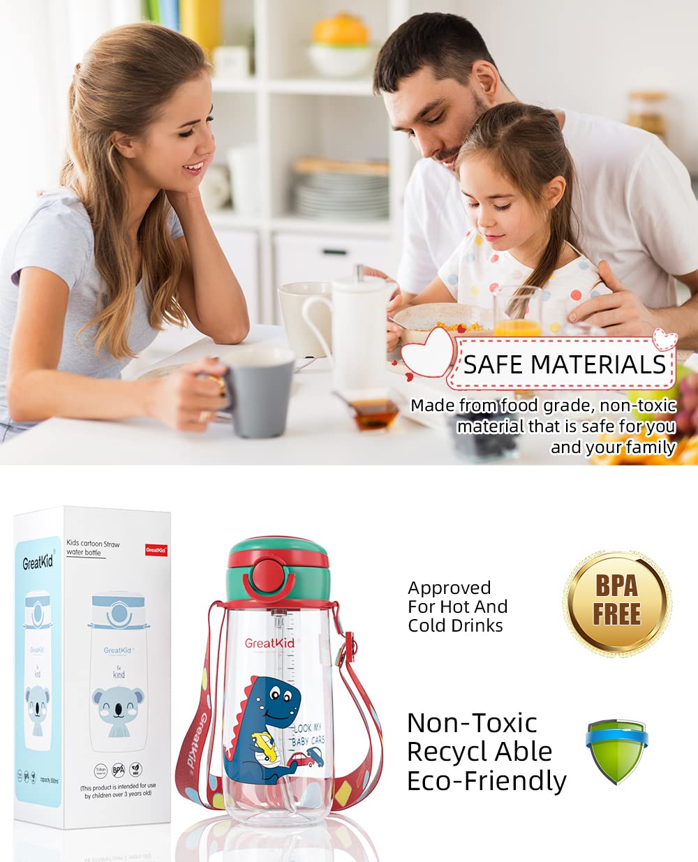 Bunnytoo Kids Water Drinking Bottle,BPA Free Leak Proof 500ml Drinking Bottle,Straw Water Bottle Tritan Sports Water Bottle for Kids