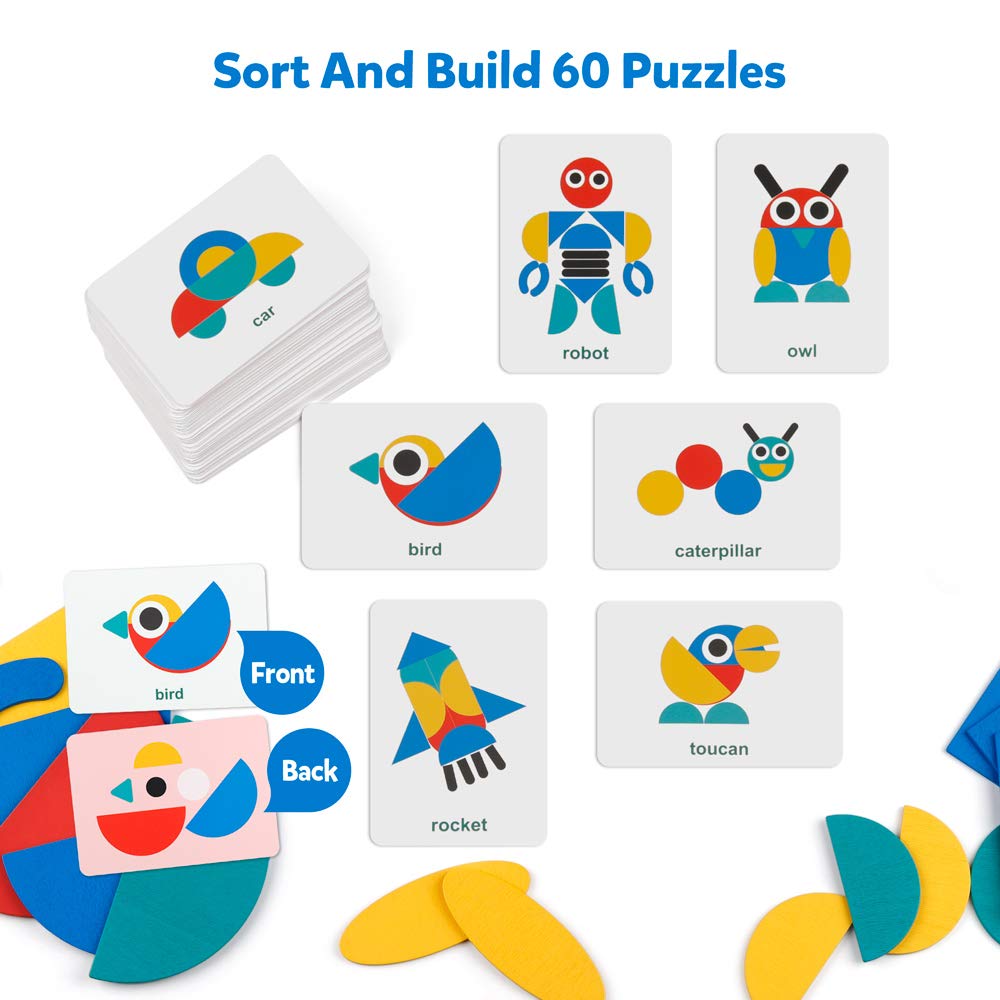 Coogam Wooden Pattern Blocks - Tangram Shape Puzzle Set Color Sorting Stacking Game Wood Animal Jigsaw Preschool Montessori Brain Teaser STEM Gift for 3 4 5 Years Old Toddler Kid (60 Pattern Cards)