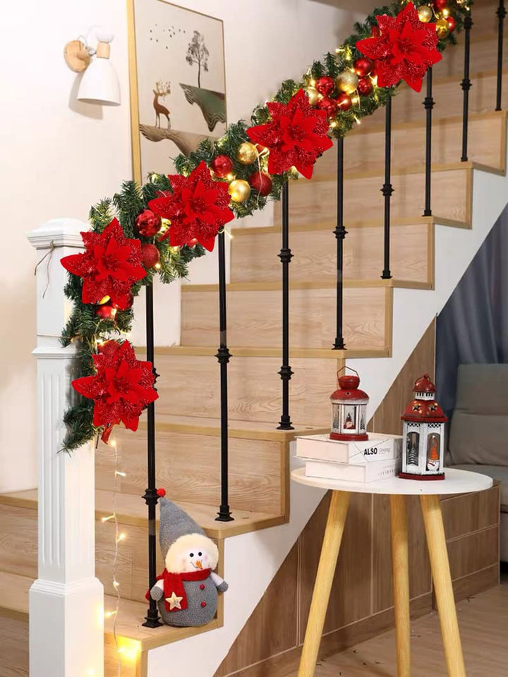 15 Red Glitter Poinsettia Christmas Ornaments with Clips