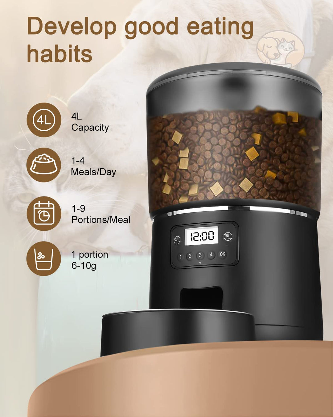 Automatic Cat Feeder, 4L Cat Feeder Automatic with Timer and Cat Bowl, Cat Food Dispenser Anti-blocking and Dual Power Supply