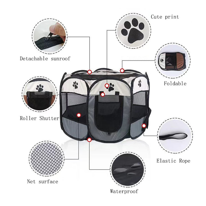 MYKOMI Portable Foldable Pet Playpen + Carrying Bag+Travel Bowl Available Exercise Pet Kennel Indoor/Outdoor Removable Mesh Shade Cover Water Resistant for Dogs/Cats Pink M(35x35x24in)