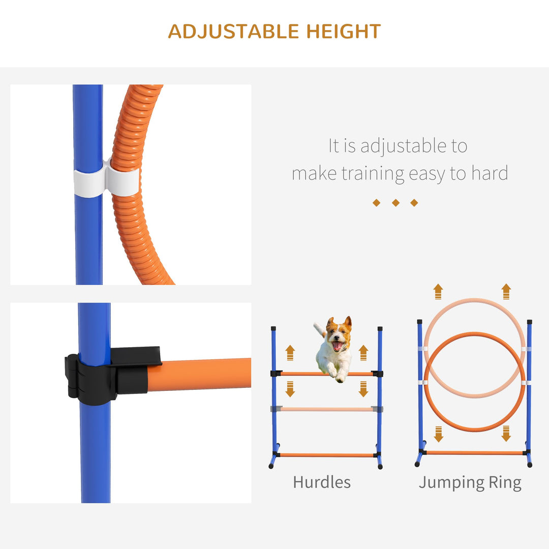 PawHut Dog Agility Equipment Set, 8 Piece Outdoor Agility Kit w/Weave Poles, Adjustable High Jump Ring, Hurdle, Pause Box, Tennis Balls, Whistle, Training Shorts, Carrying Bag, for Dogs - Orange