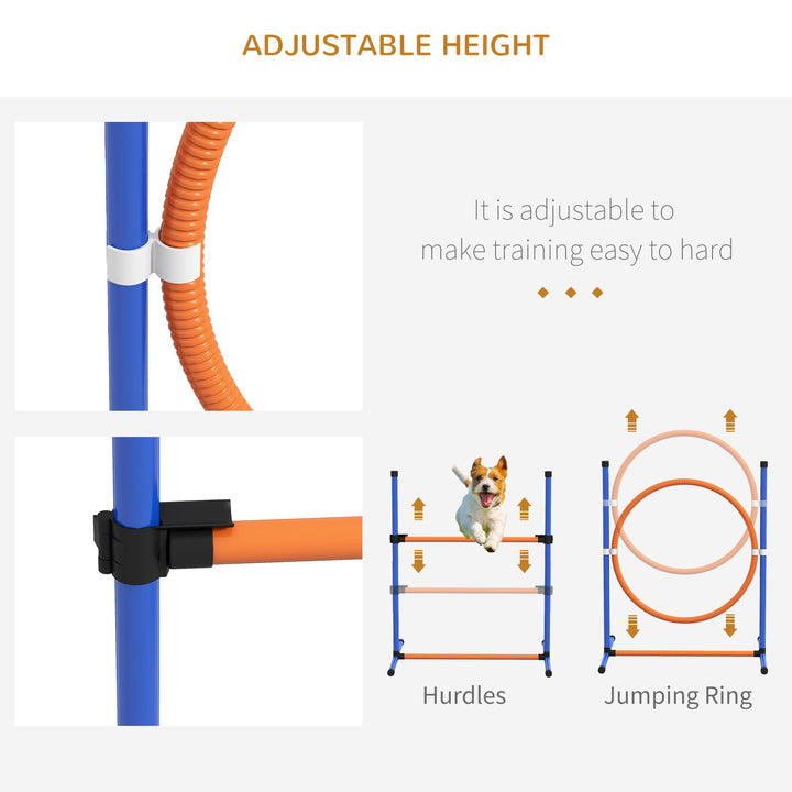 PawHut Dog Agility Equipment Set, 8 Piece Outdoor Agility Kit w/Weave Poles, Adjustable High Jump Ring, Hurdle, Pause Box, Tennis Balls, Whistle, Training Shorts, Carrying Bag, for Dogs - Orange