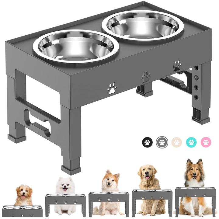 LAKIPETN Elevated Dog Bowls with 2 Stainless Steel Dog Food Bowls Stand 5 Height Adjustable Raised Dog Bowl Adjusts to 3.1”, 9”, 10”, 11”, 12” Non-Slip No Spill Dog Dish for Small Medium Large Dogs